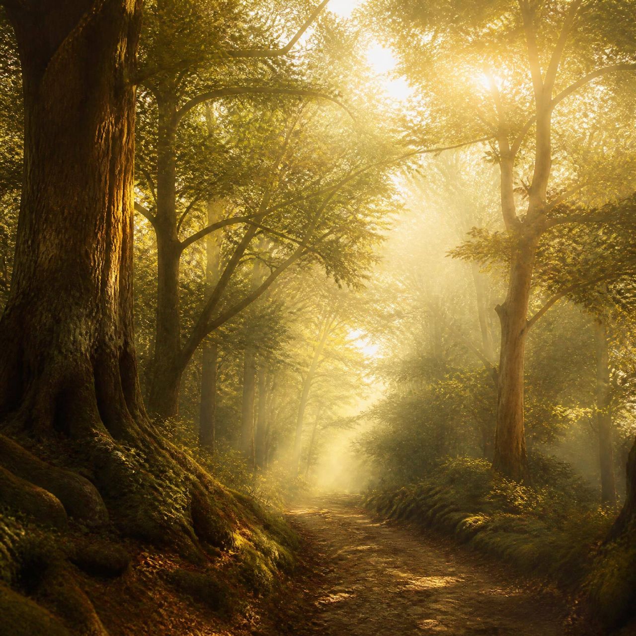 A forest path in early morning light